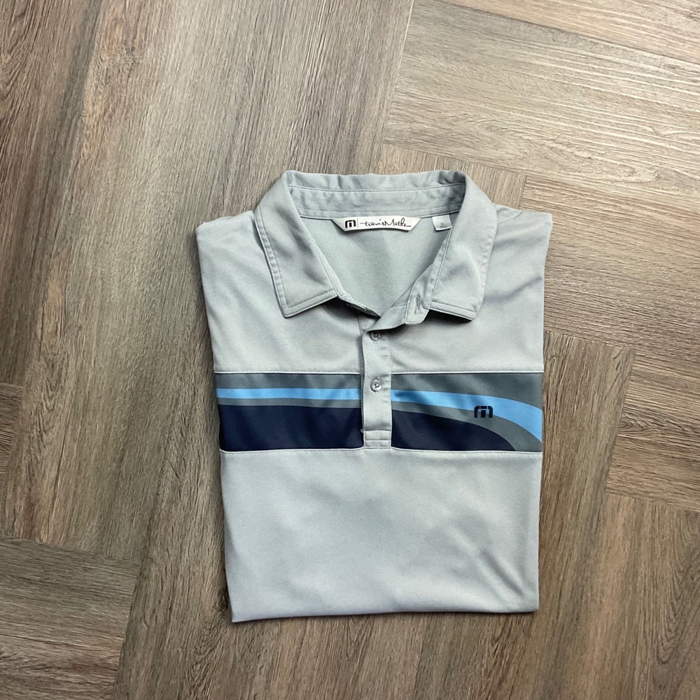 Travis Mathew Striped Golf Tennis Polo Shirt Mens XL Gray Blue Preppy Classic